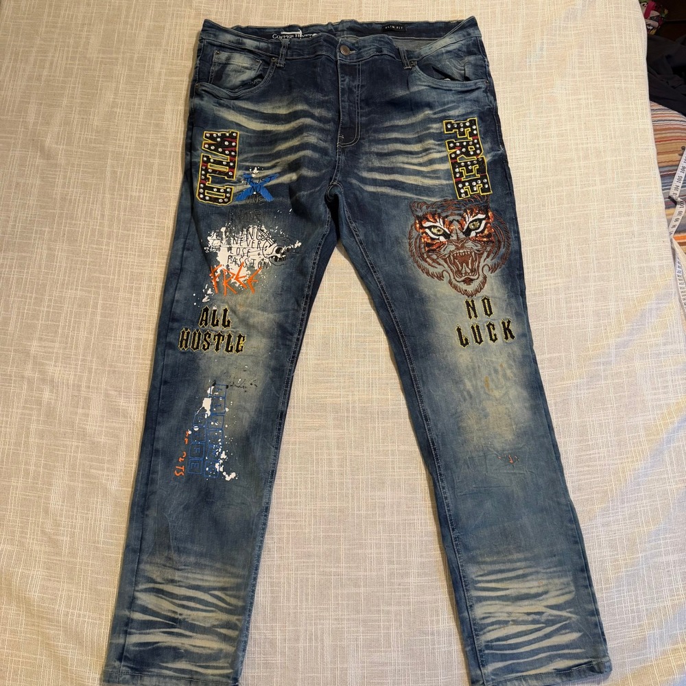 Copper Rivet Mens Slim Fit Graphic Distressed Jeans Tiger Rhinestone Blue 42x32